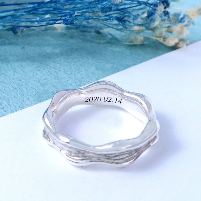 纯银刻字 浪花银戒 浪涛款 - 女版 925 纯银 女生戒指 - 戒指 - 纯银 银色