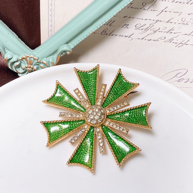 【西洋古董饰品】两用贵族绿羽毛珐琅 可当项链坠莱茵钻 胸针胸章 - 胸针 - 贵金属 绿色