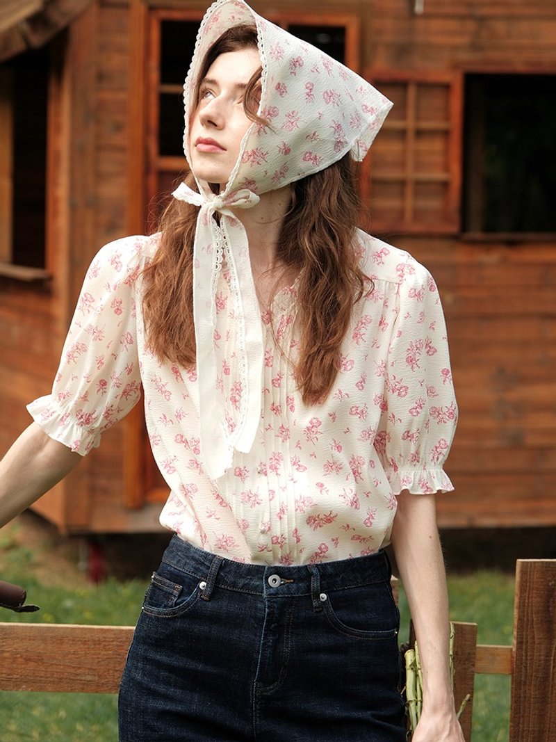 MintCheese 法式复古 泡泡纱纹理面料 古典玫瑰印花v领短袖衬衫 - 女装上衣 - 聚酯纤维 粉红色