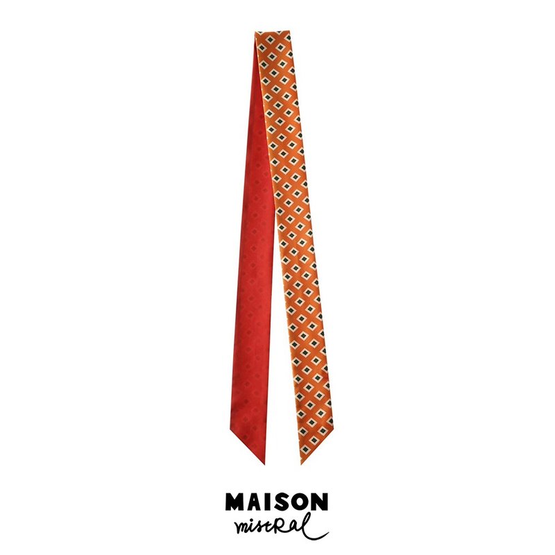 Maison Mistral 艺术家原创插画经典系列  橘红色真丝长丝巾绑包 - 丝巾 - 丝．绢 橘色