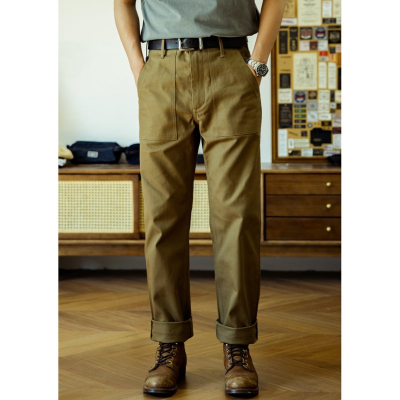 工装裤 军绿色 OG-107 美军公发 P41 HBT鱼骨纹 12oz 未脱浆 - 男士长裤 - 棉．麻 绿色