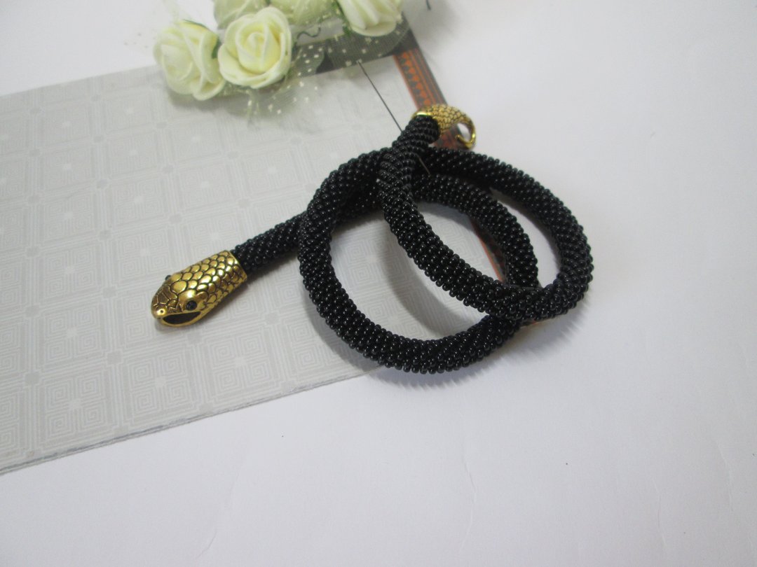Snake black bracelet Ouroboros jewelry Serpent rope Beaded choker Statement neck - 手链/手环 - 其他材质 黑色