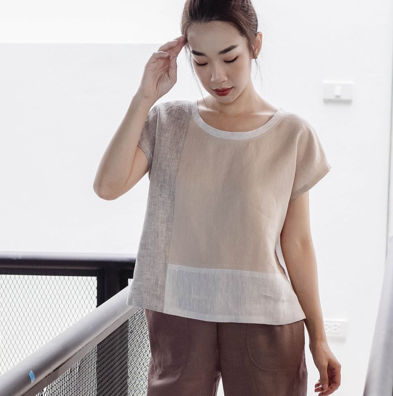 Natural Linen Short sleeves Top Minimal Top - Multicolor Beige Nude Natural - 女装上衣 - 亚麻 灰色