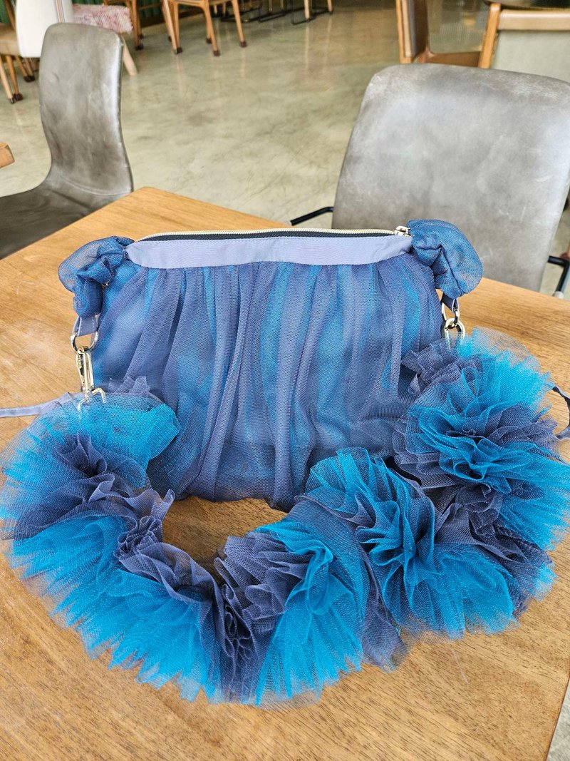 纯手工网纱斜背包 – 附可拆卸肩带的浪漫女人味包 - 侧背包/斜挎包 - 聚酯纤维 蓝色