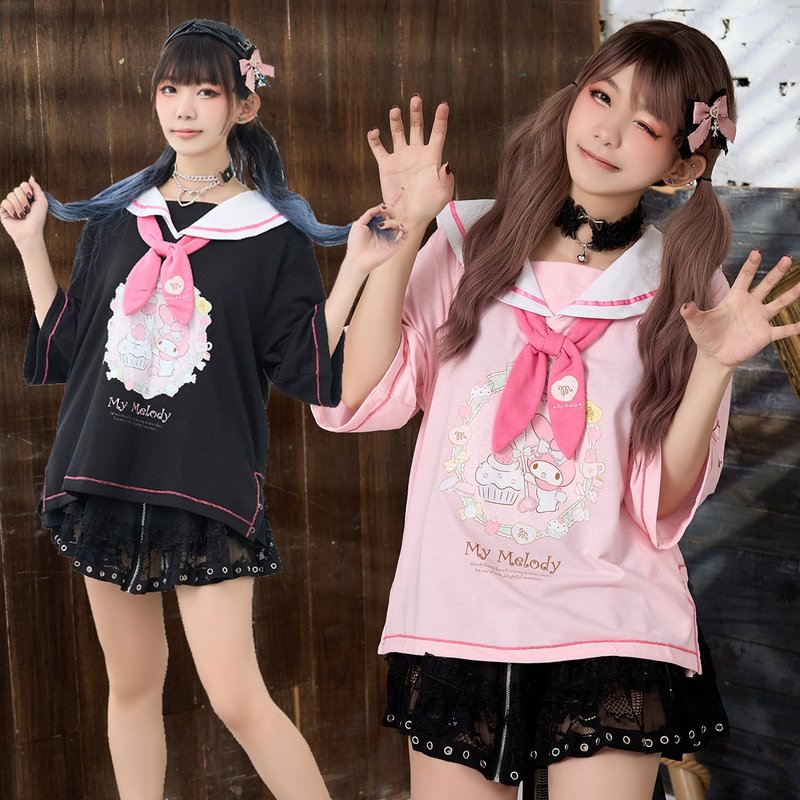 原创三丽鸥SANRIO授权美乐蒂领带开衩水手领兔耳朵短袖T恤JJ5024 - 女装 T 恤 - 棉．麻 