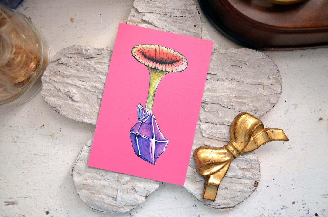 GOOKASO 魔法蘑菇紫水晶魔法石 明信片 可书写硬卡纸材质POSTCARD - 卡片/明信片 - 纸 粉红色