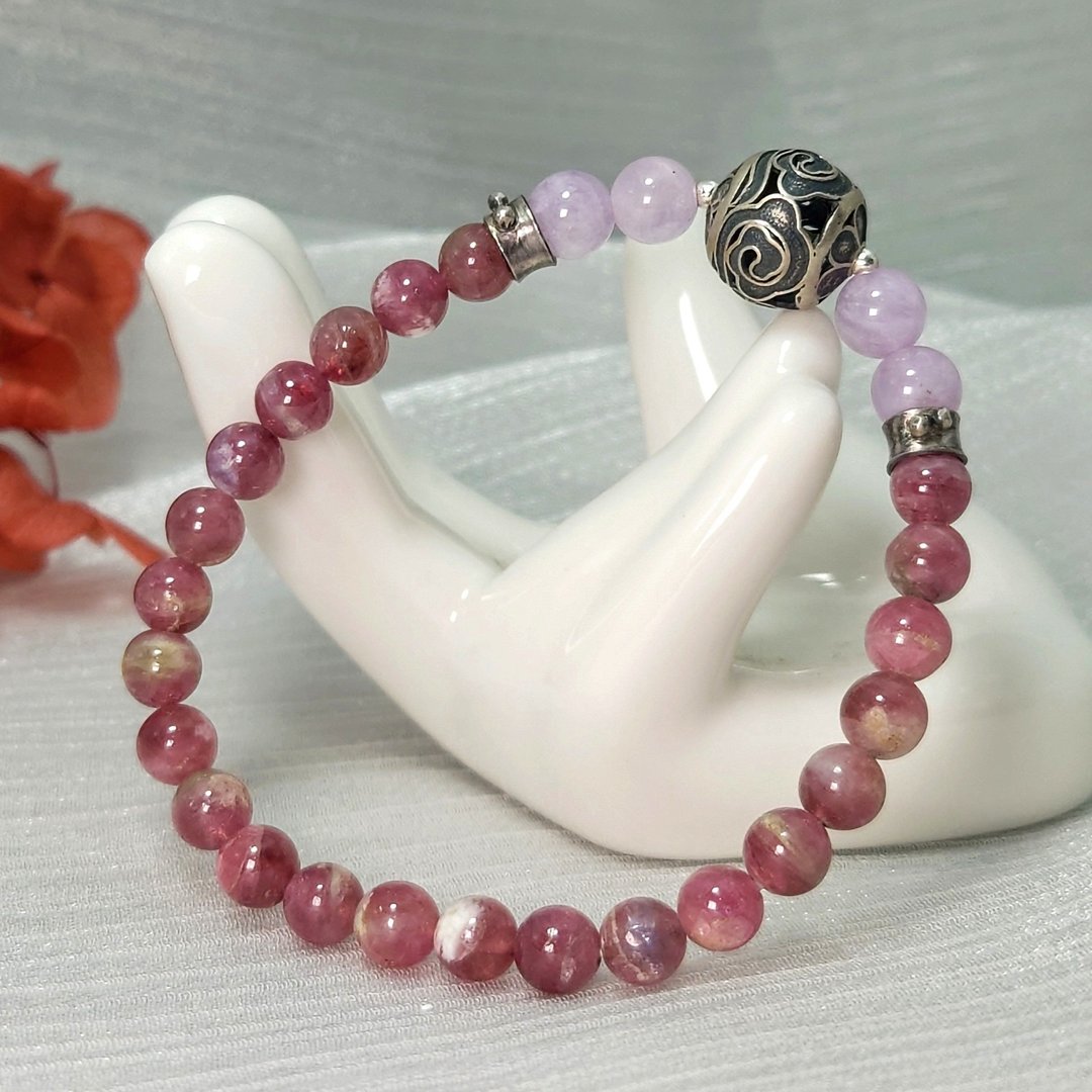手链 紫红碧玺 梅花碧玺 淡紫水晶 925银饰 手珠 宝石 - 手链/手环 - 宝石 