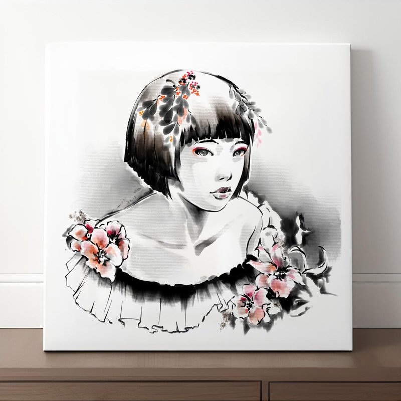 帆布印花 画布上优雅的黑白水墨女性肖像适合用于客厅装饰 - 墙贴/壁贴 - 纸 白色