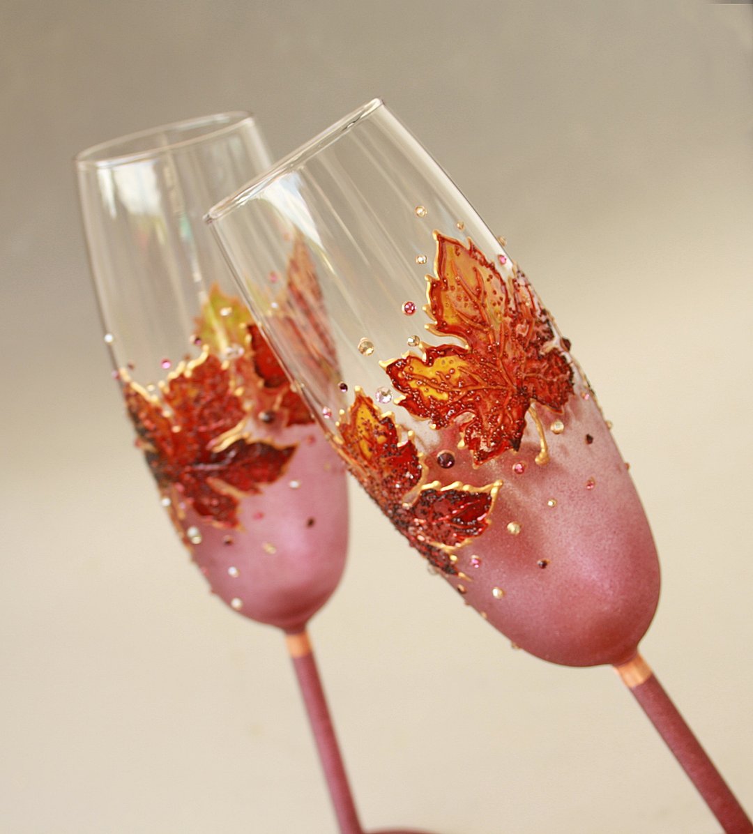 秋叶香槟杯秋季结婚礼物 2 件套 - 酒杯/酒器 - 玻璃 多色