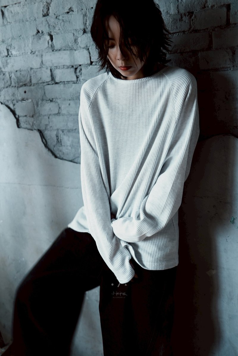 大拇勾华夫格长袖上衣 - 2色 - 灰 - 女装上衣 - 棉．麻 灰色