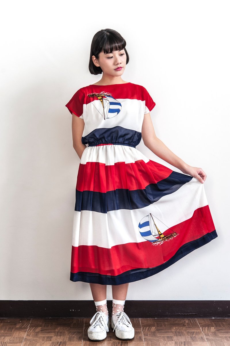 Vintage 法国帆船古着连袖洋装 - 洋装/连衣裙 - 聚酯纤维 多色