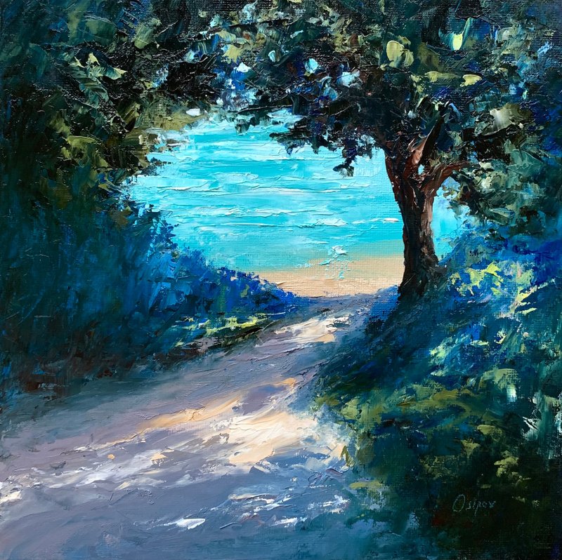 Original Ocean Artwork Trees Landscape Oil Painting On Canvas Contemporary Art - 墙贴/壁贴 - 棉 多色