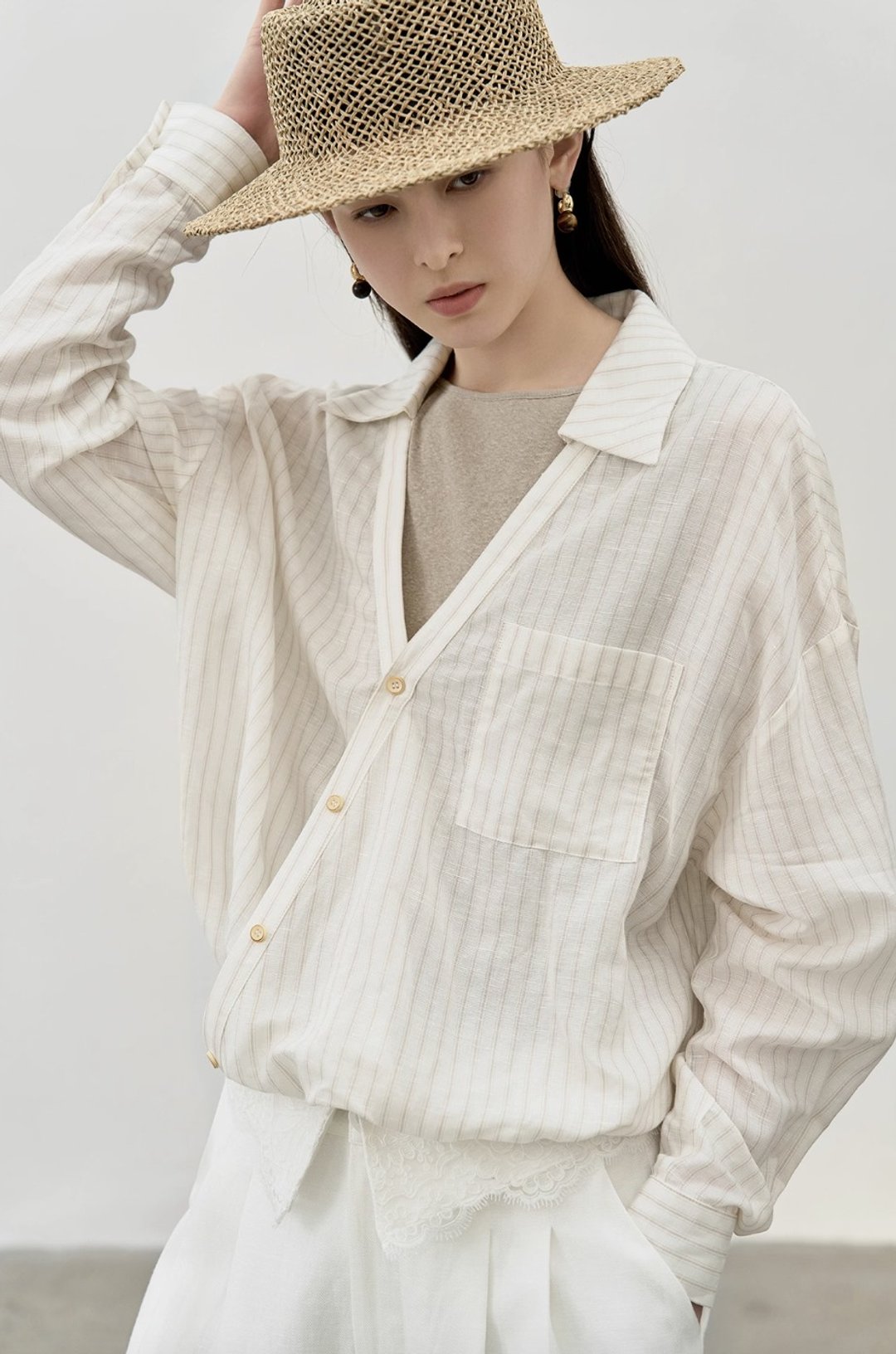 法式复古 天丝亚麻条纹衬衫 假两件拼接衬衣 - 女装衬衫 - 其他材质 多色