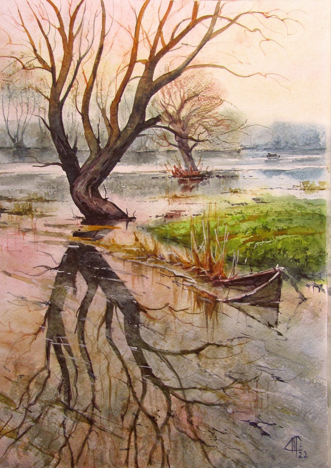 River Watercolor Painting Original Painting River Home Decor River Spring - 插画/绘画/写字 - 纸 橘色