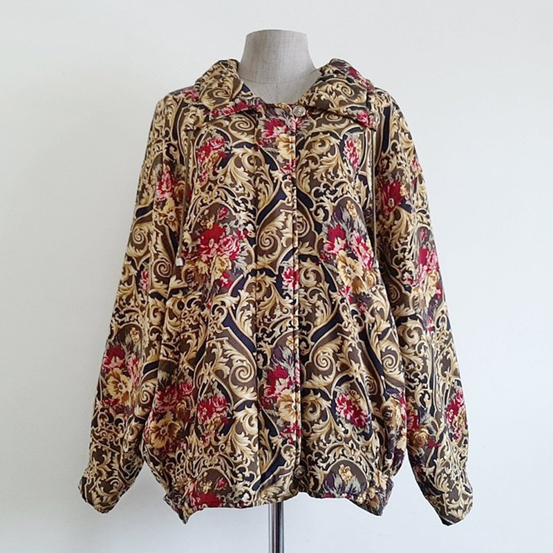 复古棕黄色巴洛克印花夹克 女款 花卉飞行员防风外套 XL - 女装西装外套/风衣 - 聚酯纤维 咖啡色