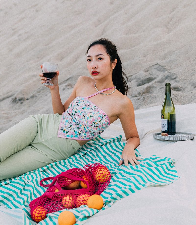 帰糸 guei me / 粉红小花平口肚兜式上衣 / 24S1 / 含胸垫 - 女装背心 - 棉．麻 粉红色