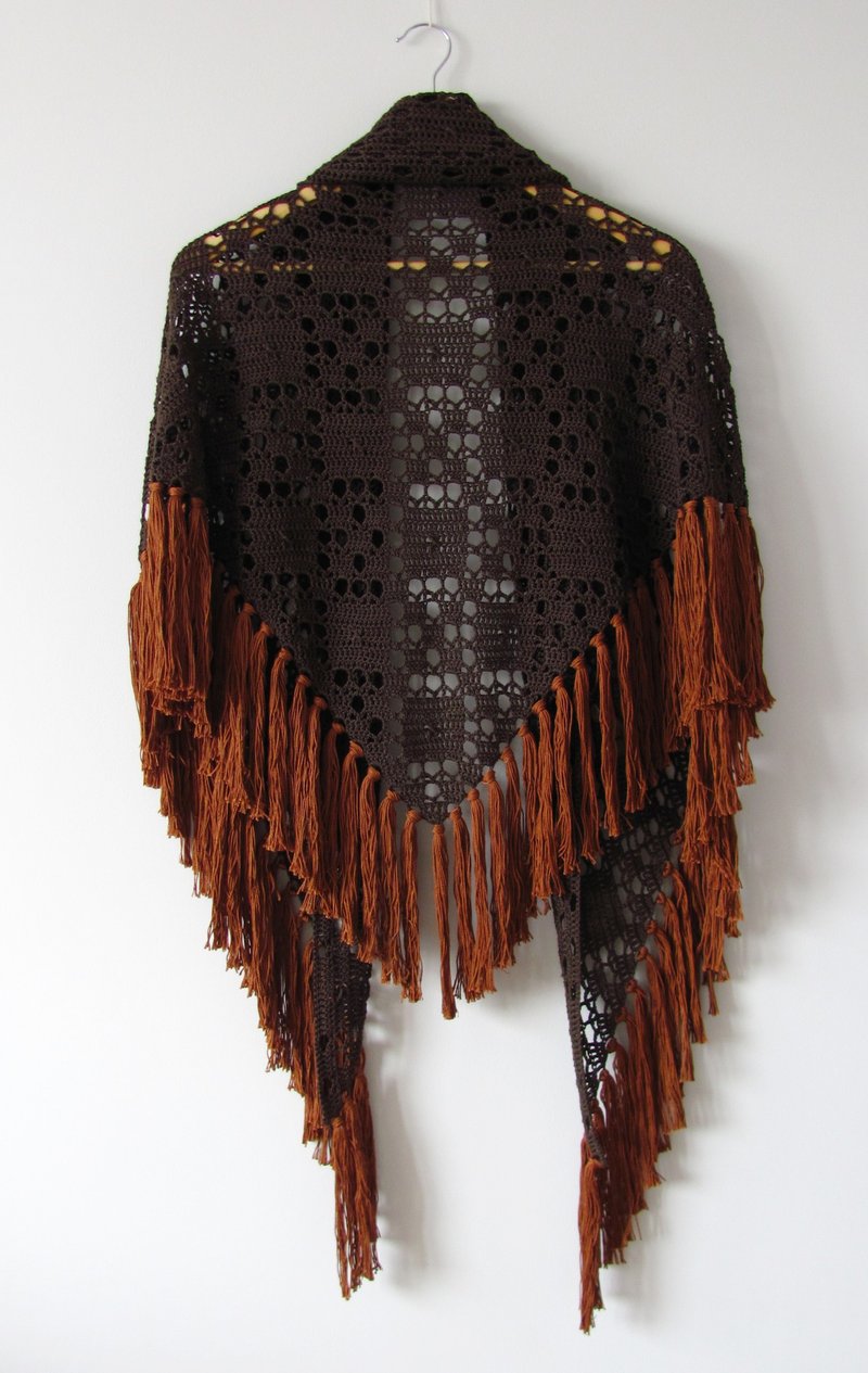 Handmade Crochet One-of-A-Kind Cotton Shawl - Allure Shawl - 围巾/披肩 - 棉 咖啡色