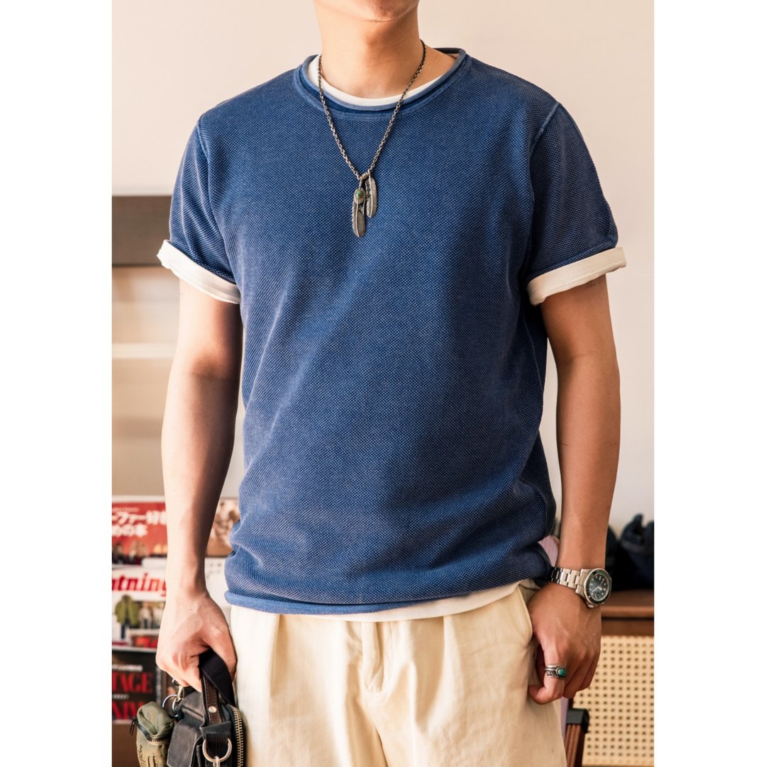 刺子绣蓝染短袖T-SHIRT 精梳长绒棉 固色处理 复古美式 上衣 - 男装上衣/T 恤 - 其他材质 蓝色
