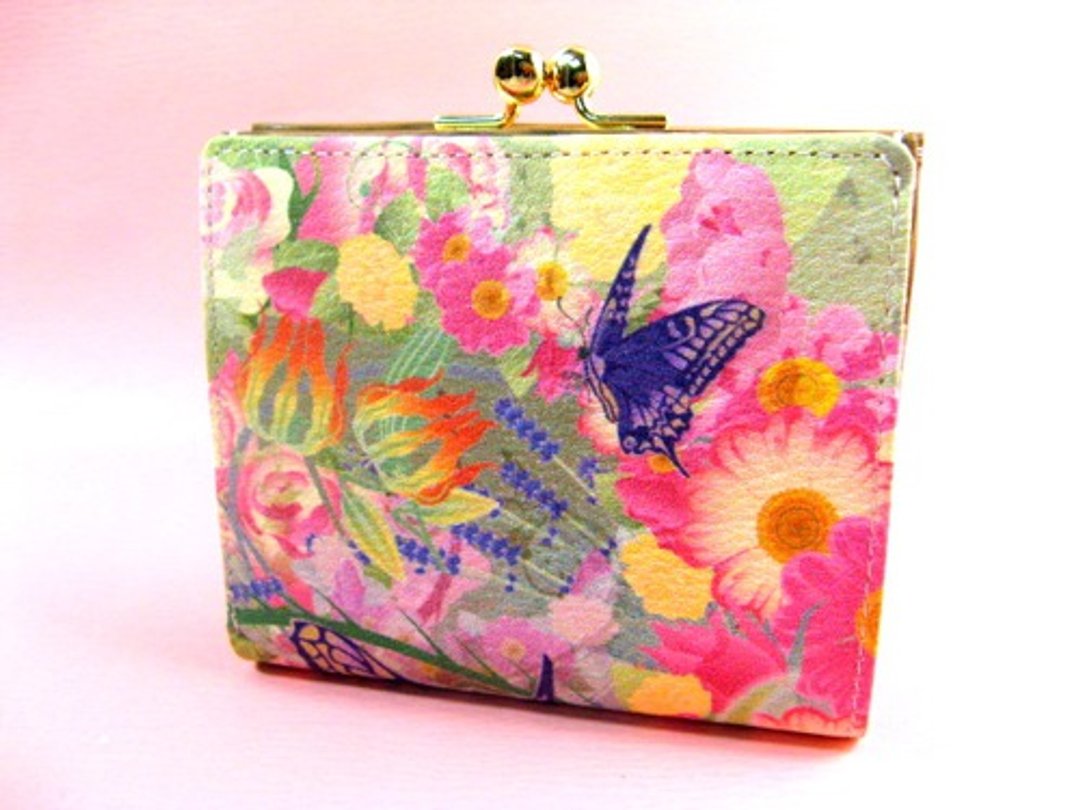 Bifold wallet flower and swallowtail butterfly - 皮夹/钱包 - 真皮 粉红色