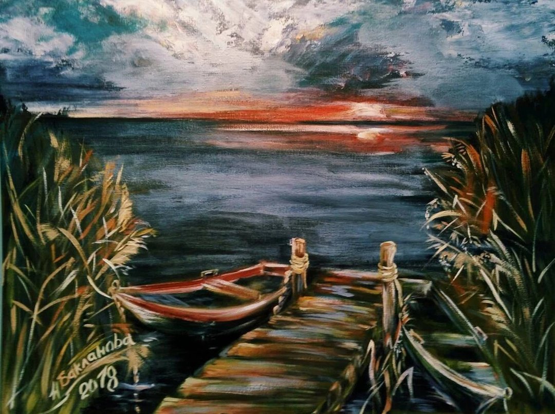 船在日落原画河流景观与芦苇现代墙艺术 - 墙贴/壁贴 - 其他材质 蓝色