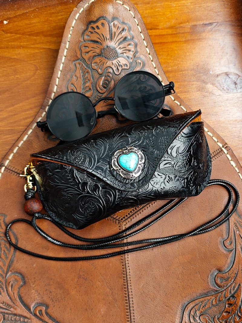 手工牛皮复古抗压大容量眼镜盒挂脖真皮便携太阳镜墨镜收纳包 - 眼镜盒/眼镜布 - 真皮 黑色