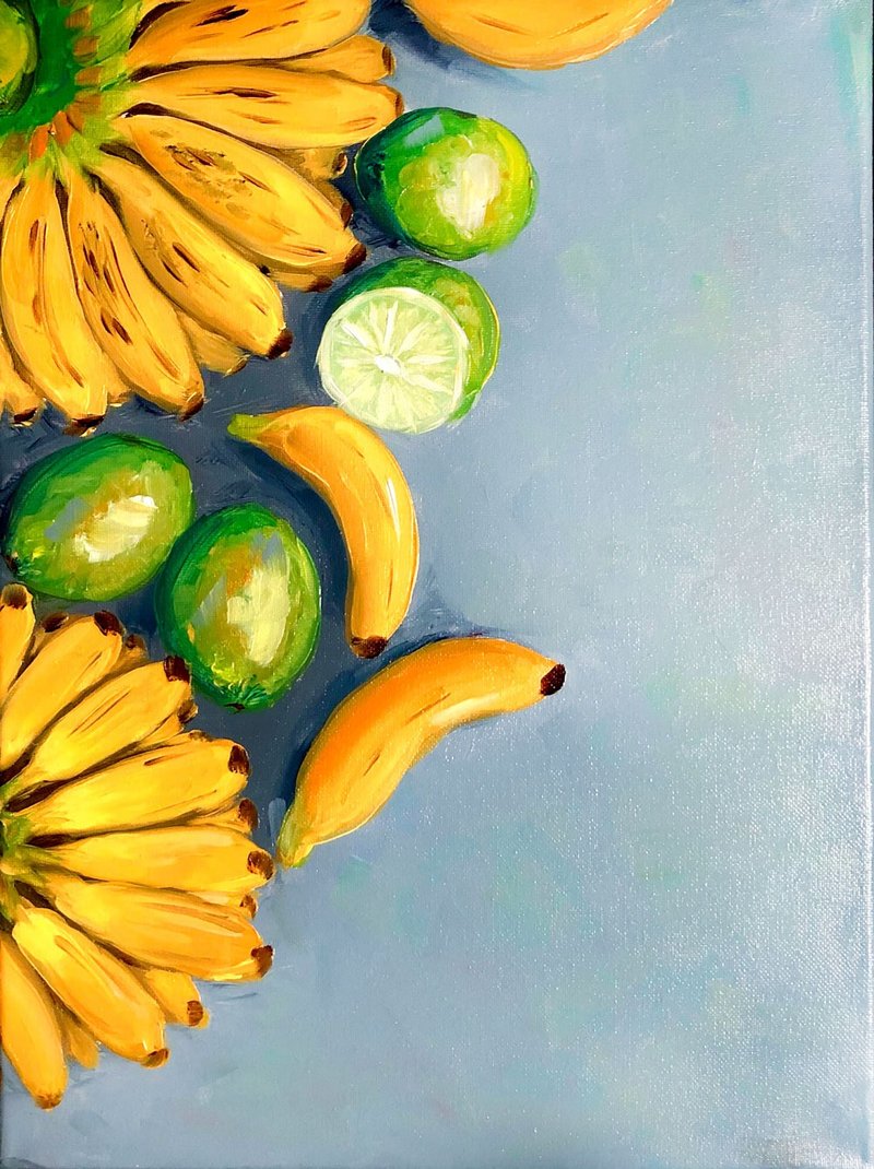Banana Painting Lime Original Art Fruit Artwork Still Life Wall Art Oil Art - 海报/装饰画/版画 - 其他材质 灰色