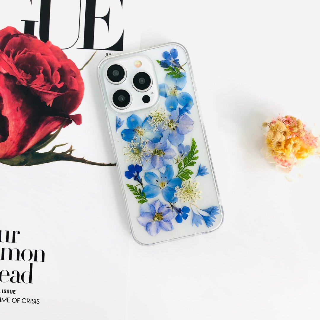 蓝色梦幻花园押花手机壳适用于iPhone 16 Pro Max Samsung S25 - 手机壳/手机套 - 植物．花 