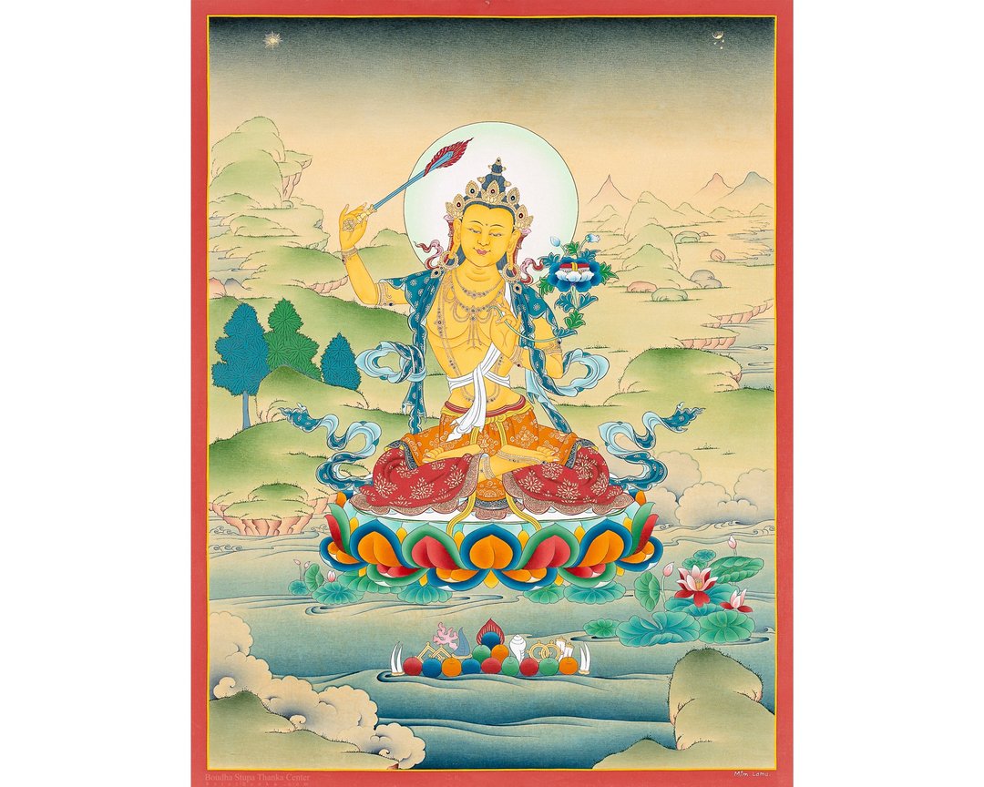 光辉文殊菩萨唐卡 – 手工制作的西藏启蒙艺术 - 墙贴/壁贴 - 其他材质 