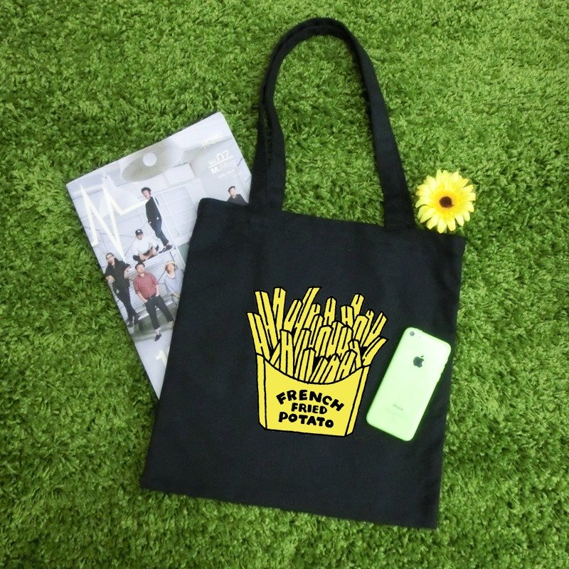 新鲜薯条-肩背帆布托特包/极简黑 - 手拿包 - 棉．麻 