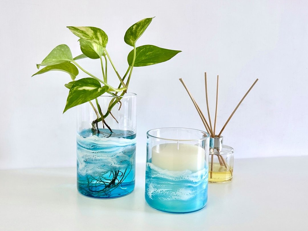 玻璃花瓶、烛台、树脂海洋画、结婚礼物、家居礼品 - 摆饰 - 玻璃 蓝色