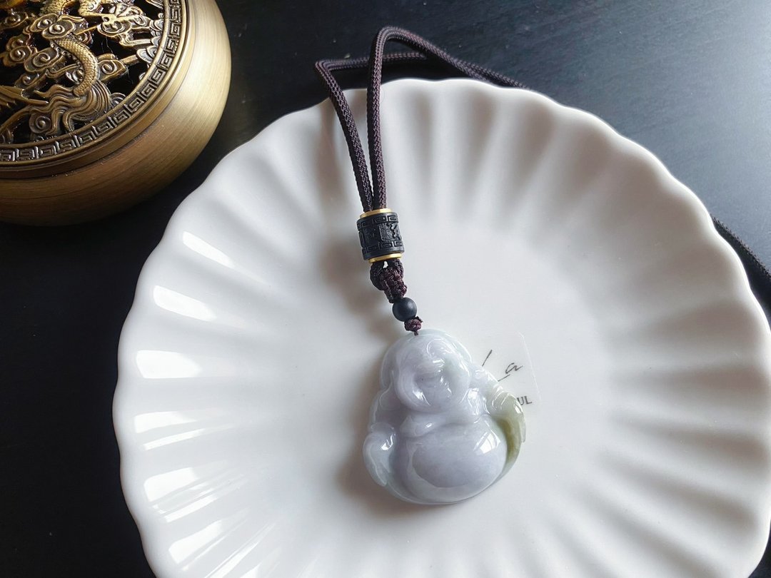 618 天然缅甸玉 翡翠 细糯种翡翠佛公 弥勒佛 项链 礼物佛像 - 项链 - 玉石 绿色