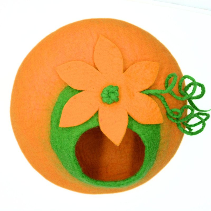 橙绿色花猫屋  温暖舒适的宠物床  手工制作的猫咪小屋 - 床垫/笼子 - 羊毛 橘色