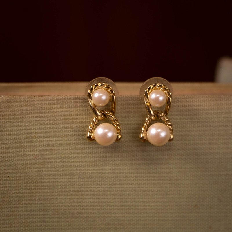 美国Richelieu品牌古董 麻花小锁链垂坠镶珍珠 镀金耳针 - 耳环/耳夹 - 其他金属 金色