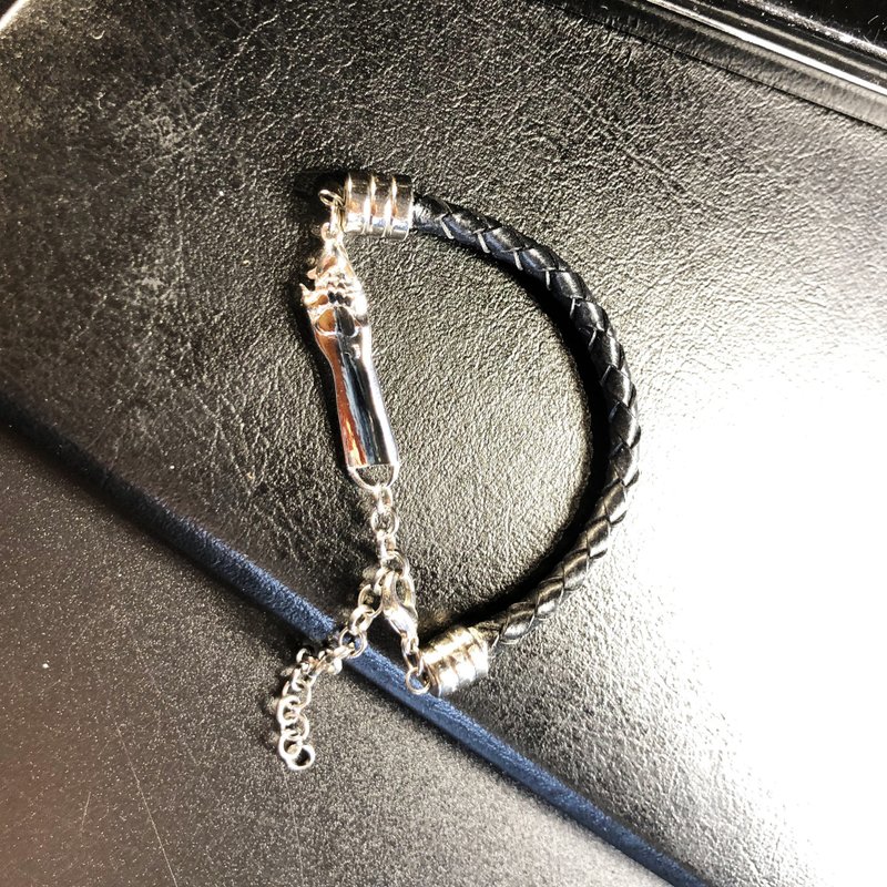 6mm真皮编织手链∣熊掌925纯银∣定制化刻字 - 手链/手环 - 真皮 黑色