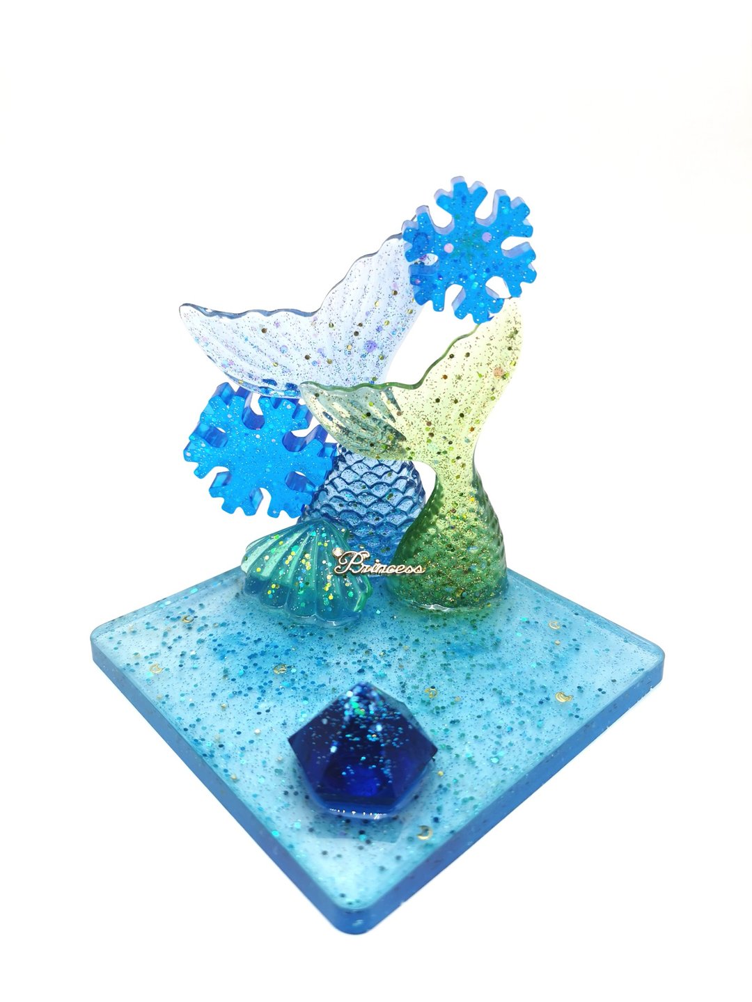 双鱼尾搭配雪花 清新蓝绿色系 手作树脂 手机架 疗愈 礼物 - 其他 - 树脂 蓝色