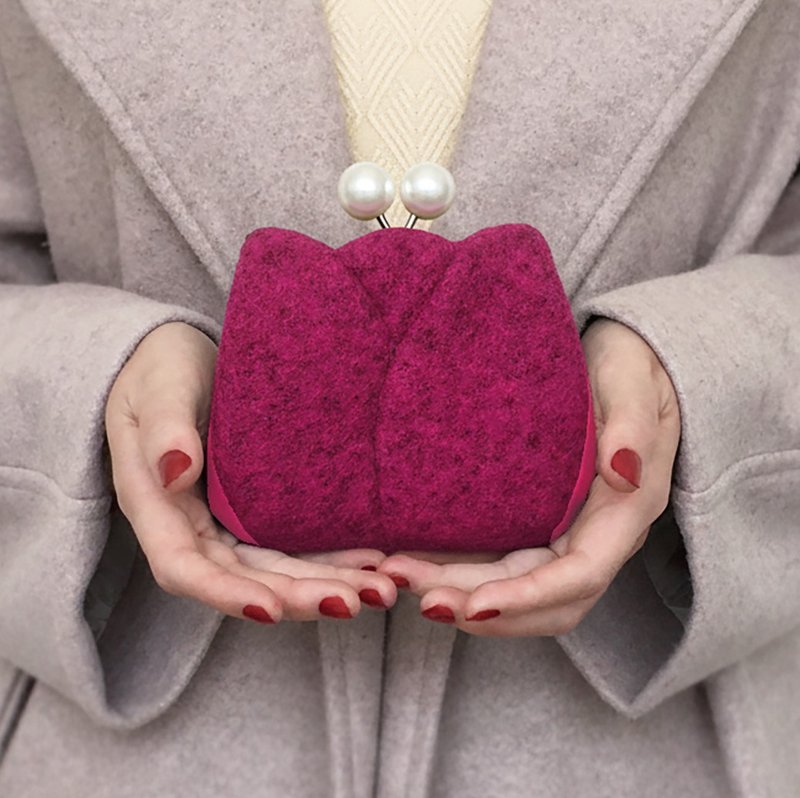 鬱金香 短款钱包 皮夹 口金包 小废包 银包 玫瑰洋红 - 皮夹/钱包 - 羊毛 红色