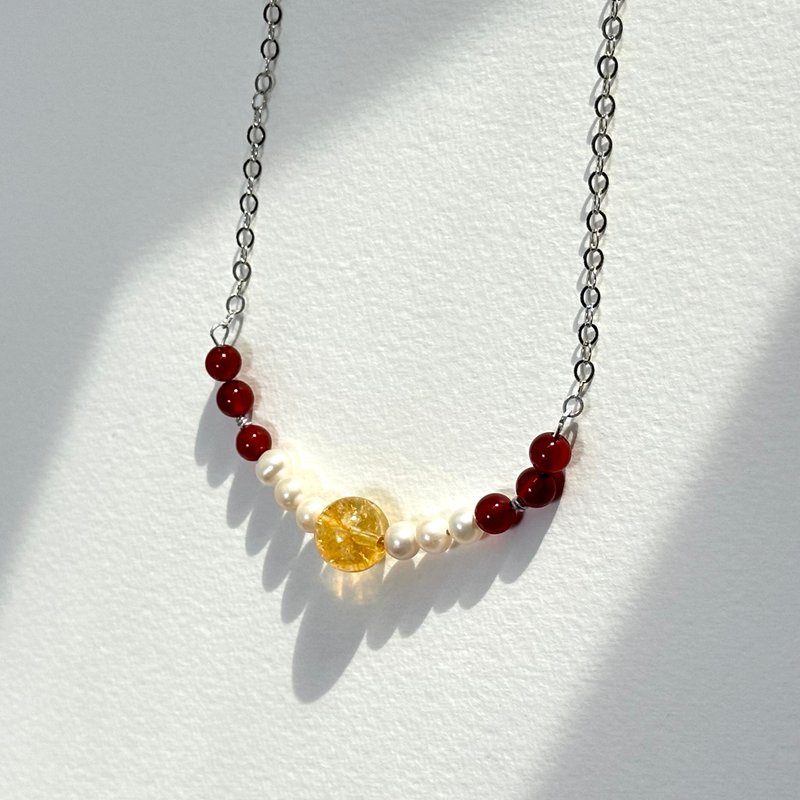 【天蝎射手座|11月诞生石】红玛瑙黄水晶淡水珍珠镀银项链 勇气财 - 项链 - 水晶 多色