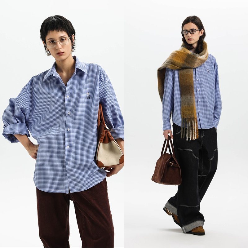 百搭miu风高级感双人舞刺绣蓝格休闲衬衫 男女同款Unvesno(UN) - 男装衬衫 - 其他材质 