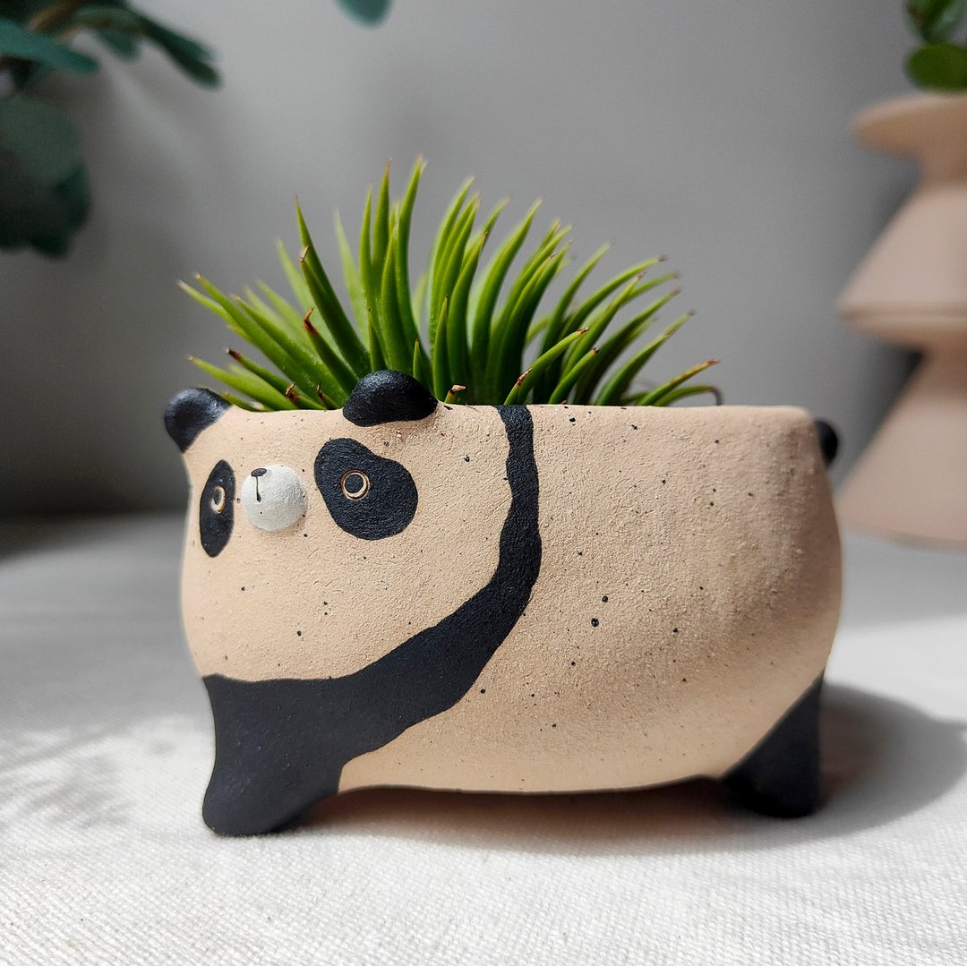 Panda planter. Handmade pot with drainage hole. - 花瓶/陶器 - 陶 