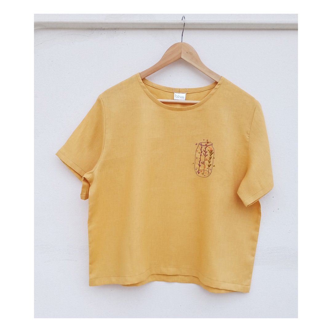 Round Neck Linen Shirt - Yellow - 女装上衣 - 棉．麻 黄色