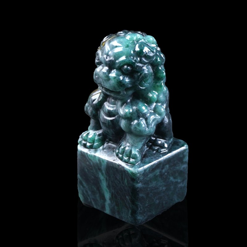 开运印章老花青翡翠祥狮印章 | 天然缅甸玉A货翡翠 | 送礼 - 印章/印台 - 玉石 绿色