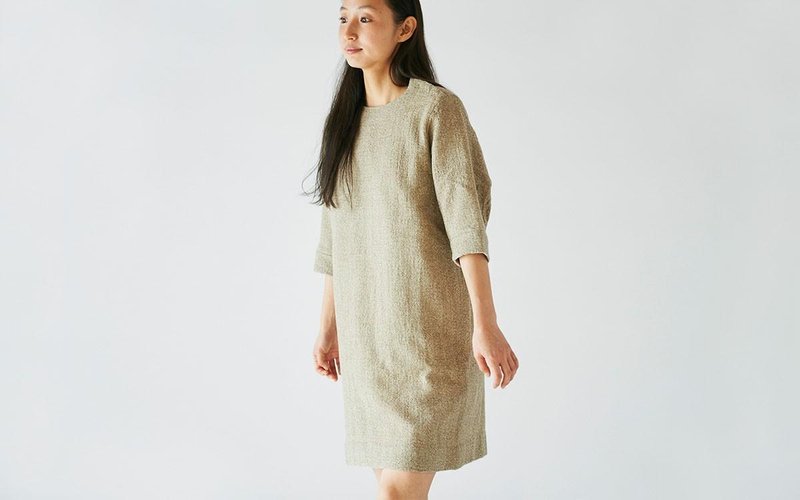 enrica herringbone dress beige - 洋装/连衣裙 - 棉．麻 卡其色