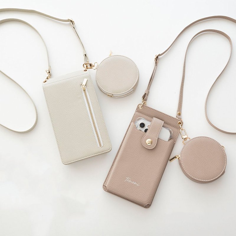 智慧型手机小袋和圆形小袋套装（附镜子）[简单刻名字] 智慧型手机单肩袋零钱包 HE14U - 手机配件 - 真皮 咖啡色