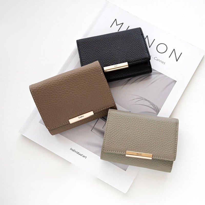 三折短夹 【 真皮 Nuance 线条零件 刻字 】 皮夹 零钱包 卡片夹 迷你皮夹 压印 HR30U - 皮夹/钱包 - 真皮 咖啡色