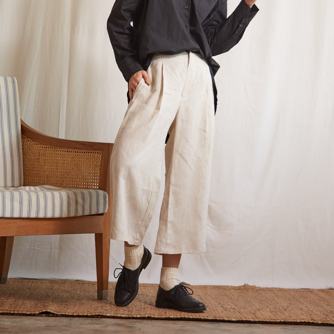 Natural Cropped Wide Leg Pants in Beige Color - 女装长裤 - 亚麻 卡其色