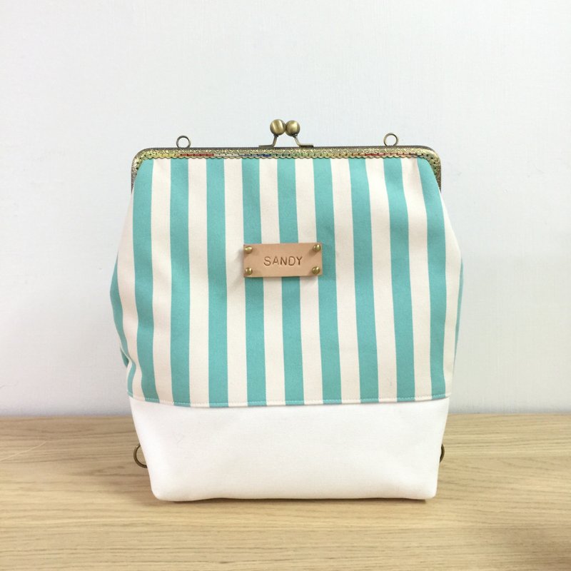 马卡龙绿条纹大口金后背包/赠送免费打印名字皮标 - 后背包/双肩包 - 其他材质 紫色