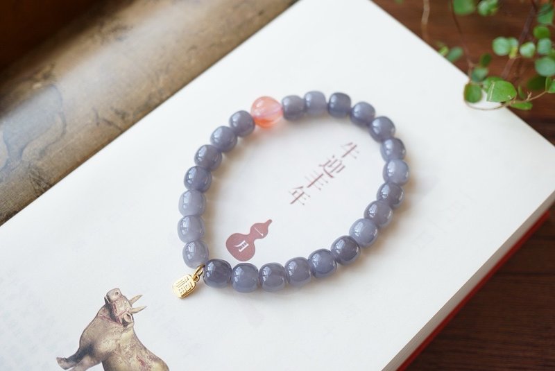 天然和田玉 /和阗玉-烟紫玉 南红南瓜珠纯银小福牌设计单圈手持手 - 手链/手环 - 宝石 紫色