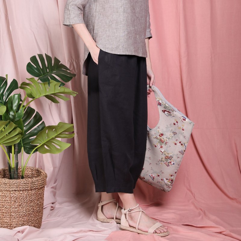 Natural Linen Pants Stitching Details at the leg Elasticated waist - Black - 女装长裤 - 亚麻 黑色