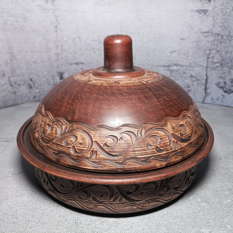 陶器砂锅塔金大手工制作由红粘土棕色塔金与雕刻 - 锅具/烤盘 - 粘土 