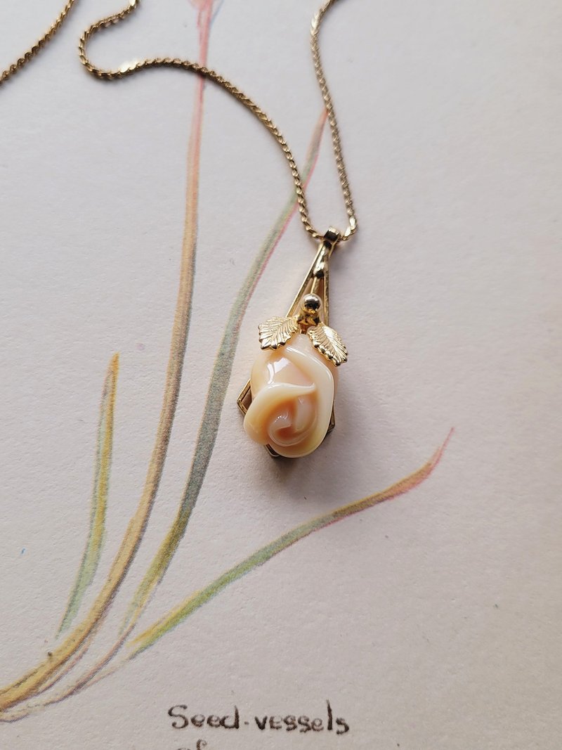 美国西洋古董饰品 / 粉肤玫瑰金叶立方框项链/复古珠宝首饰 - 项链 - 其他金属 